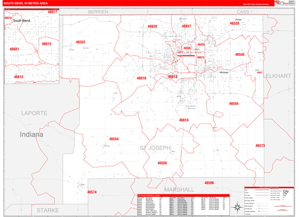South Bend Metro Area Wall Map Red Line Style